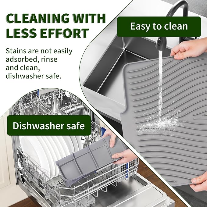 Silicone Dish Drying Mat 16x13,Food-Grade Silicone,Easy Clean Pad for Countertop Protection,Heat Resistant,Easy Clean,Non-Slip Drain Pad with Built-in Drain,Multi-Functional Use,Grey