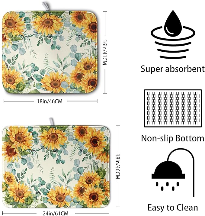 Sunflowers Dish Drying Mat for Kitchen Counter Yellow Flower Green Leaves Dish Draining Mats Spring Summer Floral Dishes Pad Microfiber Absorbent Dish Drainer Rack Mat Extra Large 18x24 Inch