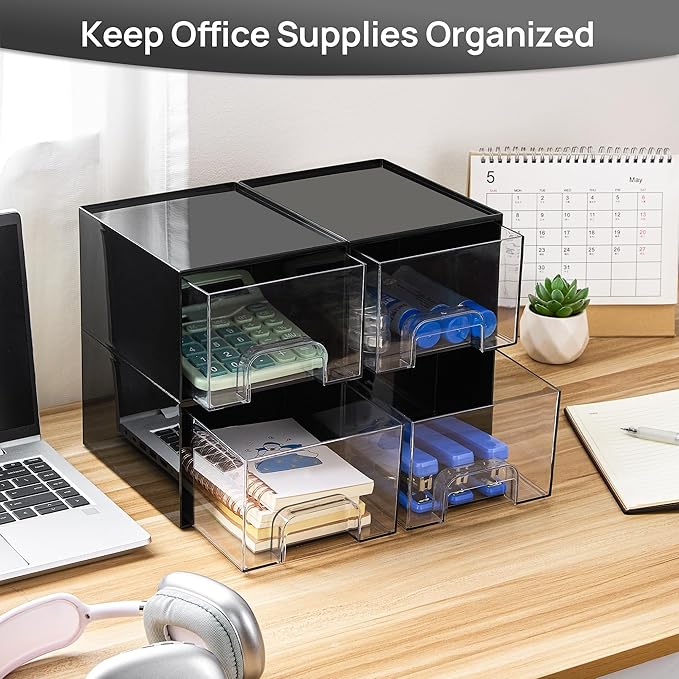 Vtopmart Black Small Stackable Storage Drawers, Cologne Organizer for Men,Plastic Containers for Vanity, Dresser,Office Desk,Bathroom Countertop Organization,Ideal for Room Decor