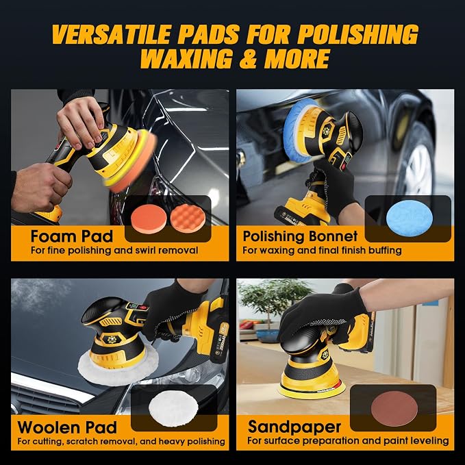 Cordless Car Buffer Polisher kit, DA Polisher with 2*21V Batteries | 2x 21V 2000mAh Batteries, 6-speed, LED Display, Random Orbital, 18 pcs Assorted Polishing Pads for Car Detailing-Yellow