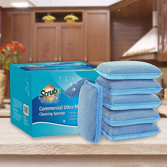 Miracle Microfiber Kitchen Sponge by Scrub-It (6 Pack) - Non-Scratch Heavy Duty Dishwashing Cleaning sponges- Machine Washable - (Blue)