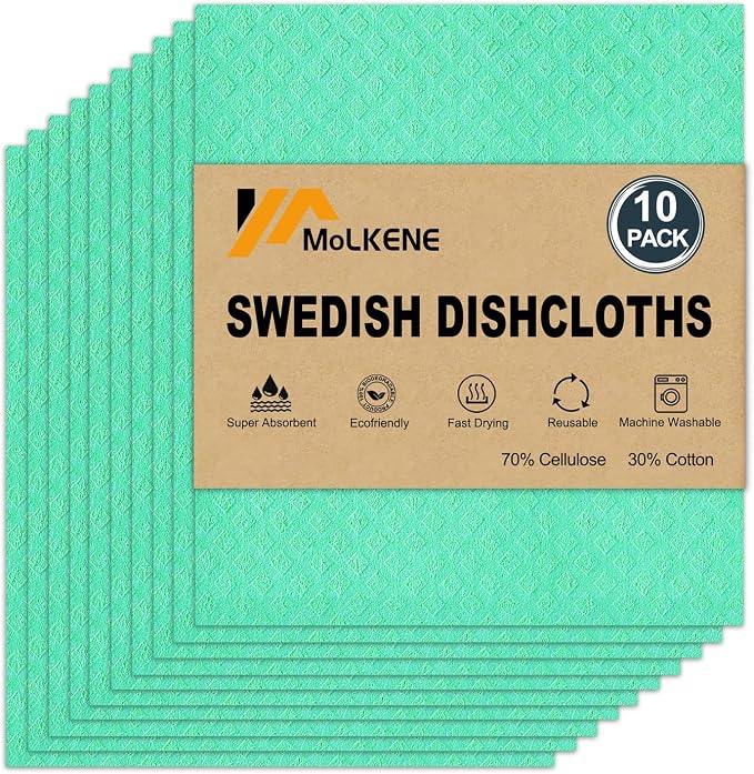 MoLKENE Swedish Dishcloths - 10 Pack Reusable Kitchen Dishcloths - Ultra Absorbent Dish Towels for Washing Dishes - Cellulose Sponge Cloth Cleaning Cloths - Green
