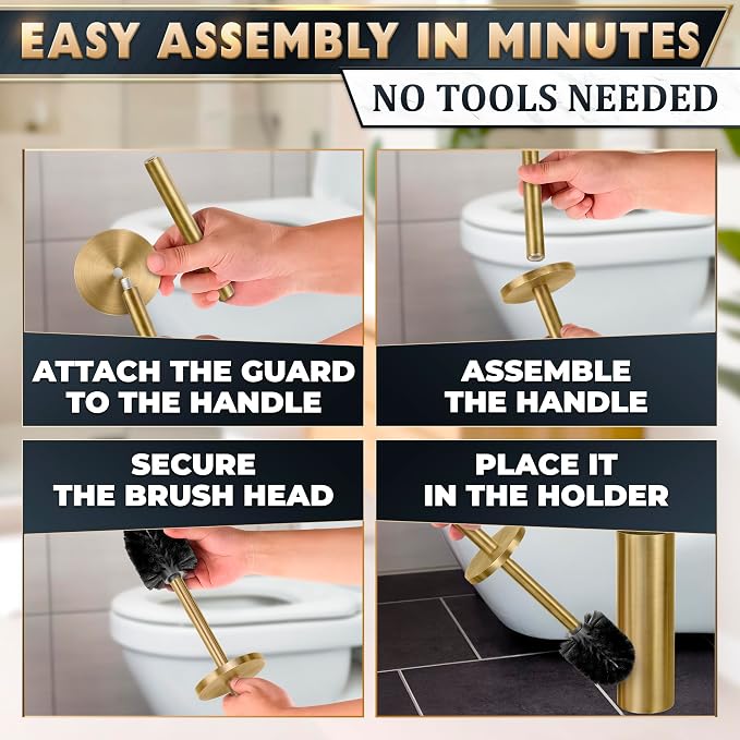 Stainless Steel Toilet Brush and Holder Set, Splash Guard (Gold) | Toilet Bowl Brush and Holder, Removable Inner Bowl, Dense Bristles, Long Handle, Scratch Resistant, for Modern Bathrooms