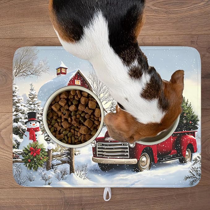 Giwawa Red Truck Dish Drying Mat Winter Xmas Tree Drainer Rack Pad 18"x24" Microfiber Absorbent Quick Dry Dish Sink Mat for Table Kitchen Counter