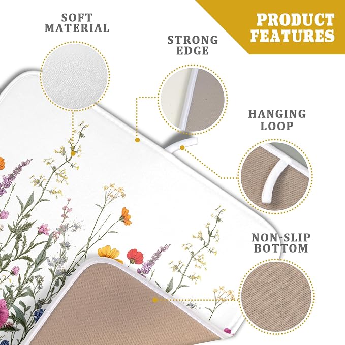 Giwawa Flower Herbs Dish Drying Mat Botanical Plant Dishes Drainer Mat 16x18 inch Reversible Microfiber Drying Dish Pad for Kitchen Counter Decor