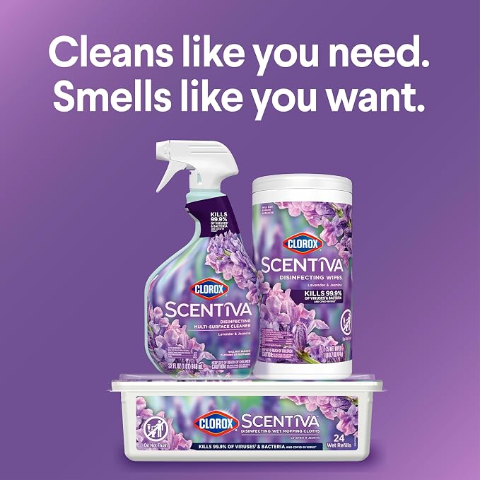 Clorox Scentiva Disinfecting Wet Mop Pad, Disposable Heads, Multi-Surface Floor Wipes, Lavender and Jasmine, 2 Packs, 24 Refills Per Pack (Package May Vary)