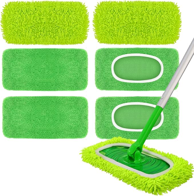 8 Pack Chenille Mop Pads, Reusable Microfiber Mop Refills for 10''–12'' Flat Mops, Washable Wet & Dry Floor Pads for Hardwood, Tile, Compatible with Swiffer Sweeper (M, Count, 6)