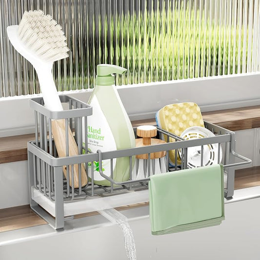 SWTYMIKI Sponge Holder for Kitchen Sink - Sink Caddy with Brush Holder Self-draining Sponge Caddy Organizer with Divider Stainless Steel Kitchen Accessories Storage for Countertop, Gray