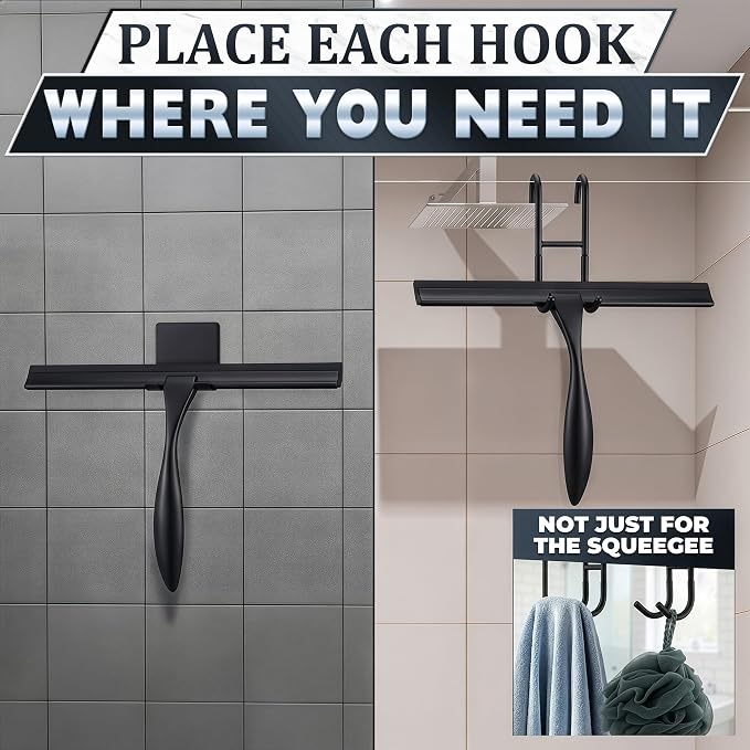 Black Squeegee for Shower Glass, 10" Silicone Blade, Stainless Steel | Shower Door Squeegee with Hook, Adhesive Mount; All-Purpose Bathroom Tile, Mirror, & Window Wiper for Streak-Free Cleaning