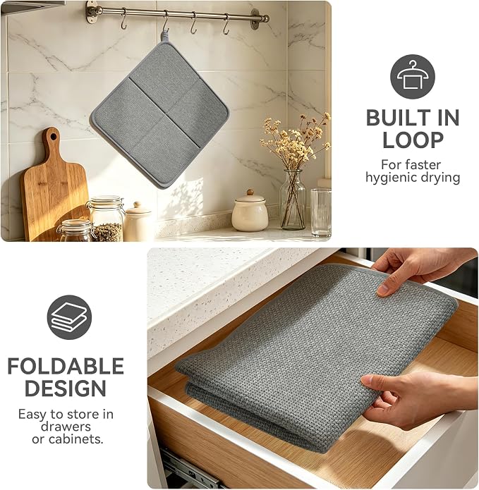 YDKGL Dish Drying Mat for Kitchen Counter, Ultra Absorbent & Fast Drying Dish Mat Machine Washable Foldable Drying Pad for Countertops, Sinks, Draining Racks, Grey