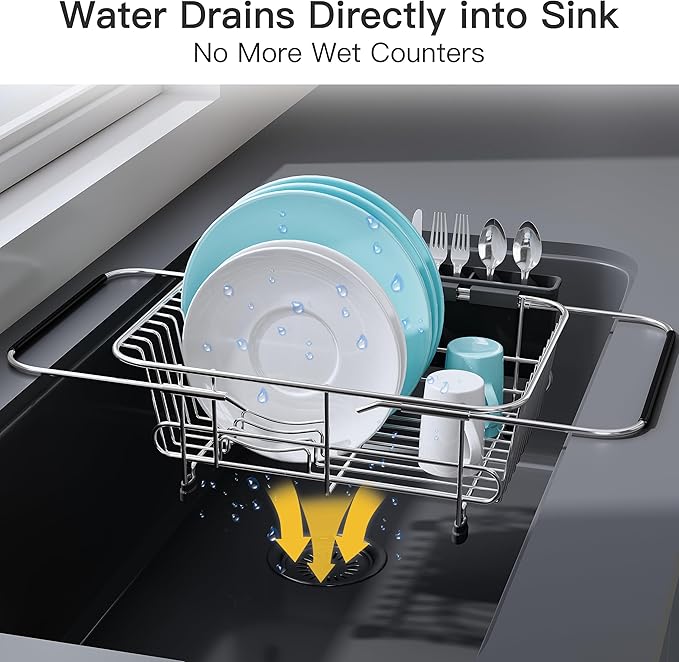 Apartment RV Small Dish Drainer Drying Rack Over The Sink In Stainless Steel for Narrow Kitchen, Counter Space Saving Compact Expandable Metal Dish Dryer Strainer, Adjustable Hanging Wire Drain Holder