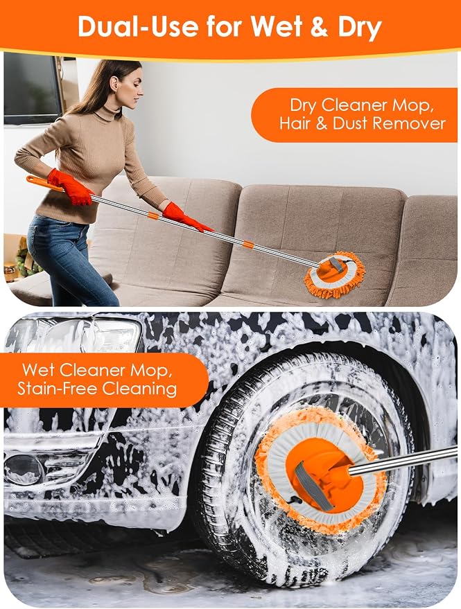 2 in 1 Lightweight Wall Cleaner Mop with Long Handle 75" 190cm Lint-Free Chenille Duster Mop for Kitchen Baseboard Floor Ceiling Glass Window Roof Adjustable Cleaning Brush Tool, 2 Replacement Heads