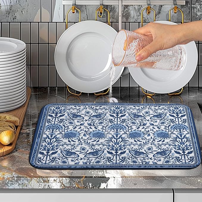Blue Floral Dish Drying Mat for Kitchen Counter Boho Flowers Dishes Drainer Mats Rustic Farmhouse Microfiber Absorbent Dish Draining Spring Summer Reversible Dish Rack Pad 16x18 Inch