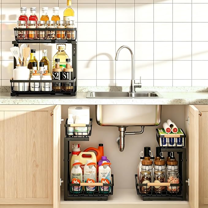 REALINN Under Sink Organizer, 2 Pack Height Adjustable Under Sink Organizers and Storage, 2 Tier Pull Out Drawer Cabinet Storage for Kitchen Bathroom