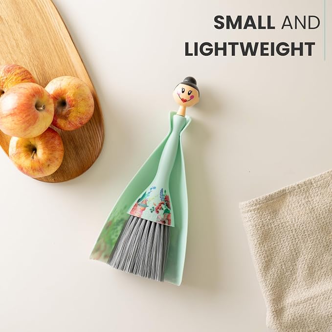 Vigar Mini Broom and Dustpan Set - Small Broom and Dustpan, Hand Broom for Desk, Kitchen, Car, Crumb Brush for Dust & Pet Hair, Decorative Doll Design, Portable Dust Pan Brush for Indoor - Turquoise