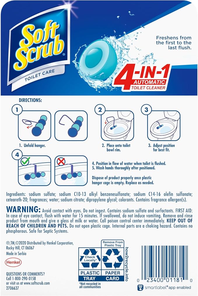 Soft Scrub 4-in-1 Rim Hanger Toilet Bowl Cleaner, Sapphire Waters, 2 Count，2 Count