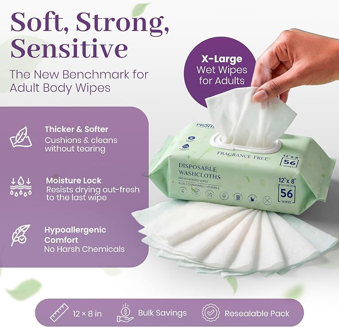 X Large Wet Wipes for Adults - 2 Packs of 56 [112 Count] Disposable Incontinence Wipes, 12" x 8" Adult Wipes for Elderly - Personal Body Wipes for Women and Men, Pre Moistened Adult Washcloths