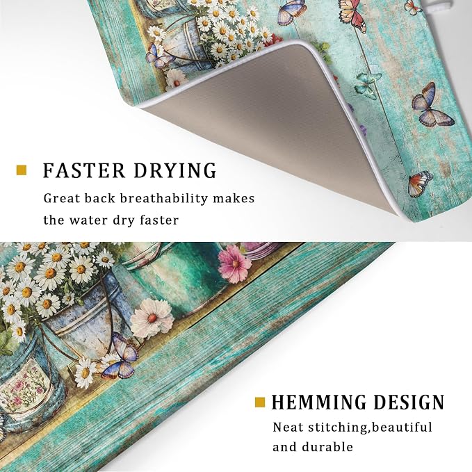 Spring Floral Rustic Dish Drying Mat for Kitchen Counter Absorbent Microfiber Large Drying Pad 18 x 24 Inch Flowers Jars