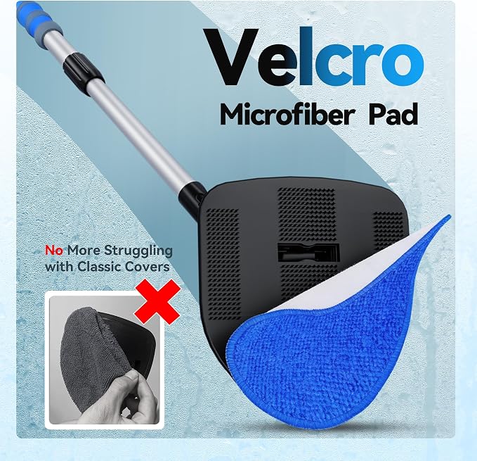 XINDELL Interior Windshield Cleaner Tool, Car Window Cleaning Kit with 5 Reusable Microfiber Pads, Extendable Handle & 360° Rotating Head, Safety Hammer, Streak-Free Auto Glass Wiper for Truck SUV RV