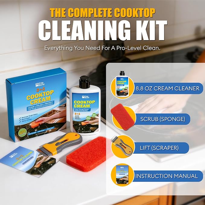 Glass Cooktop Cleaner & Polish Kit – Heavy Duty Stove Top Cleaner with Scraper & Scrubbing Pad, Removes Burnt-On Food, Grease & Tough Stains, Safe for Induction, Electric & Ceramic Cooktops – 8.8 oz