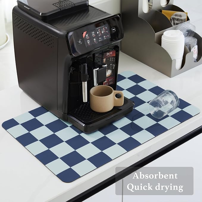 Ohocut Navy Blue Checkered Dish Drying Mat for Kitchen Counter, Coffee Bar Station Accessories, Retro Cute Aesthetic Modern Absorbent Drainer Mat Kitchen Drying Mat Easy Clean (Ocean, 24" x 16")