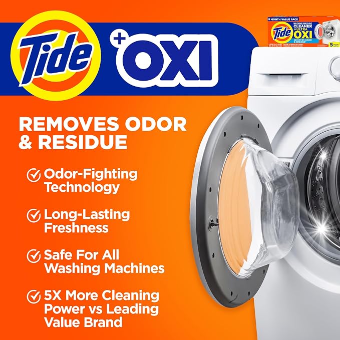 Tide Washing Machine Cleaner 52 Week Supply with Oxi for Front and Top Loader Washer Machines, Deep Cleaning Residue & Odor Eliminator, 12 Month Supply (Packaging May Vary)