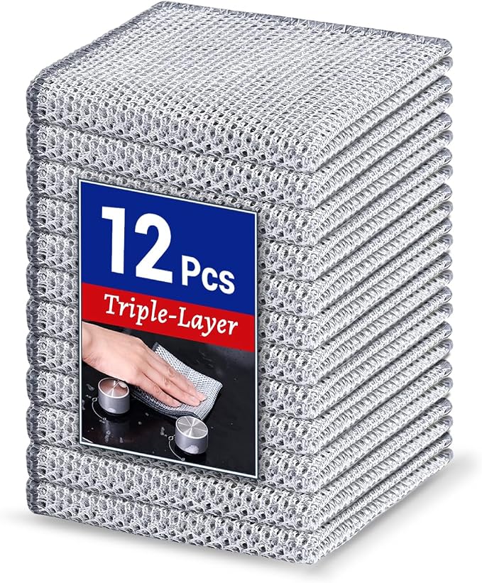 12 PCS 3-Layer Non-Scratch Wire Dishcloths, Reusable Quick-Dry Metal Dishwashing Rags for Wet and Dry Use, Multipurpose Cleaning Cloths for Dishes, Pots, Pans, Sinks and Stove Tops, 7.87 x 7.87 in