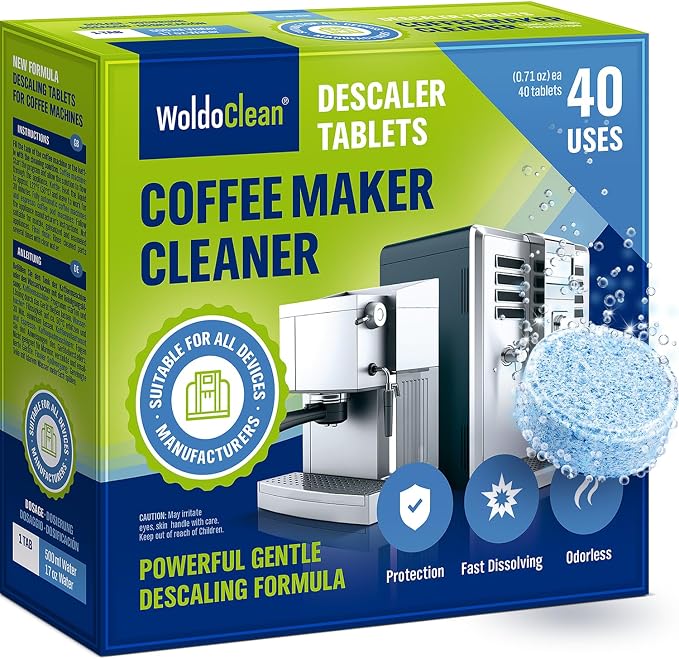 WoldoClean XL Coffee Maker Cleaner & Descaler Tablets - 40 Heavy Duty 16g Tabs, Limescale Remover compatible with Keurig K-Cup, Nespresso Vertuo & Ninja