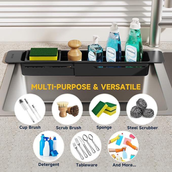 NiHome Extendable Sink Kitchen Organizer, Extra Long Telescopic Brush Storage Rack for Sponge, Non-Slip Pads Expandable Sink Caddy, Adjustable Sponge/Brush Rack with Drainage Durable ABS (Black)