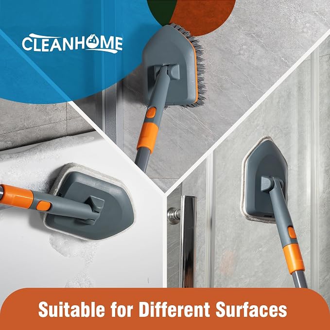 CLEANHOME Floor Scrub Brush Tile Tub Scrubber Brush | 4 Different Cleaning Heads, Shower Brush, 56" Extendable Long Handle, For Kitchen, Bathroom, Tub, Tile, Wall
