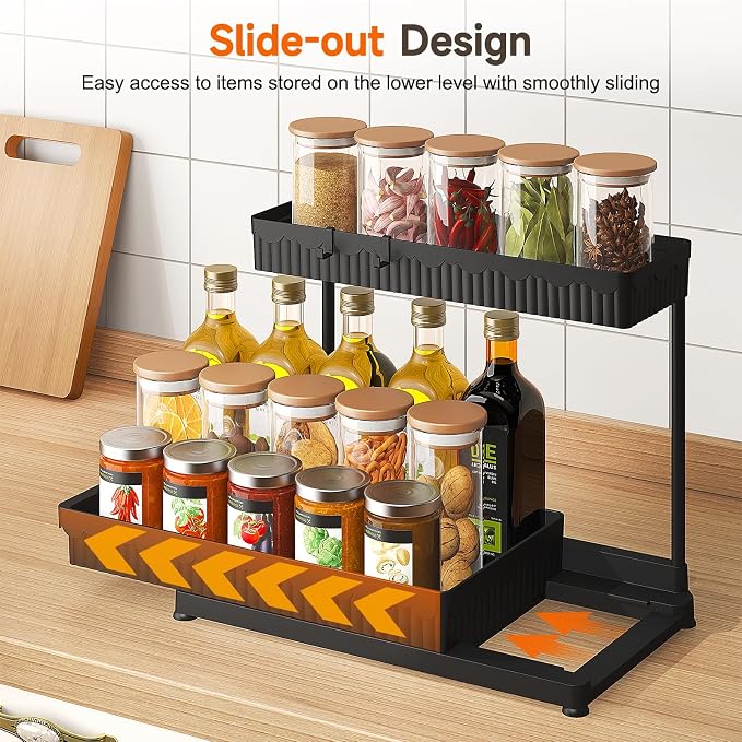 Sevenblue 3 Pack Multi-Purpose Pull-Out Storage Organizers, 2-Tier L-Shaped Under Sink/Cabinet Organizers and Storage for Bathroom & Kitchen,Black,14.85 Inch