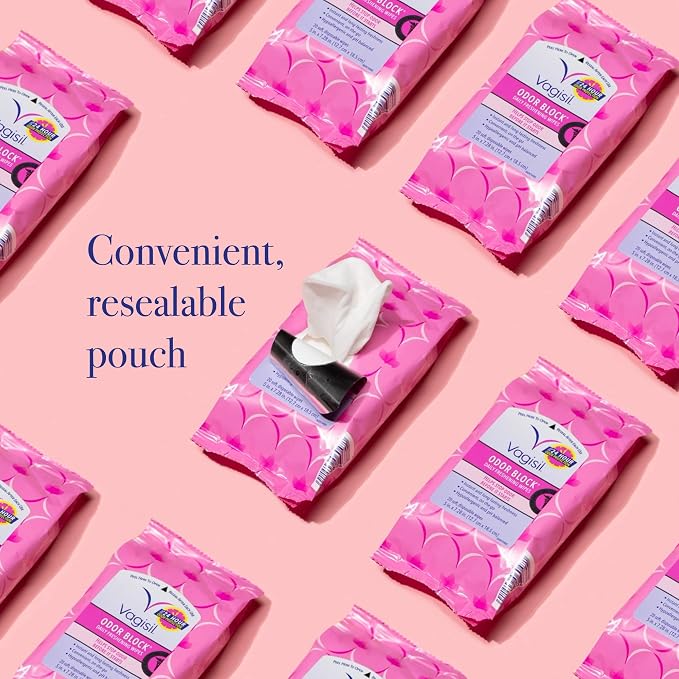 Vagisil Odor Block Daily Freshening Wipes for Feminine Hygiene in Resealable Pouch, Gynecologist Tested & Hypoallergenic, 20 Wipes (Pack of 24)