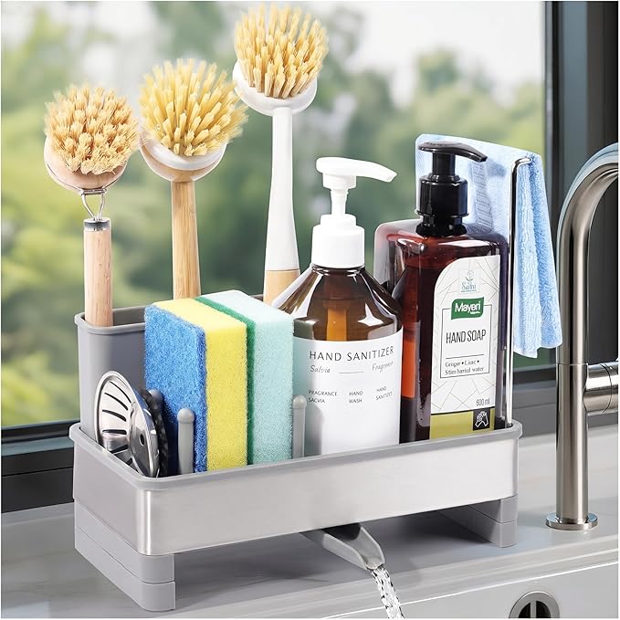 Sponge Holder for Kitchen Sink Caddy Organizer, Dish Brush Holder | Stainless Steel Sponge Caddy for Kitchen Countertop Organizer, Rustproof Dish Soap and Sponge Rack with Dishcloth Drying Rack