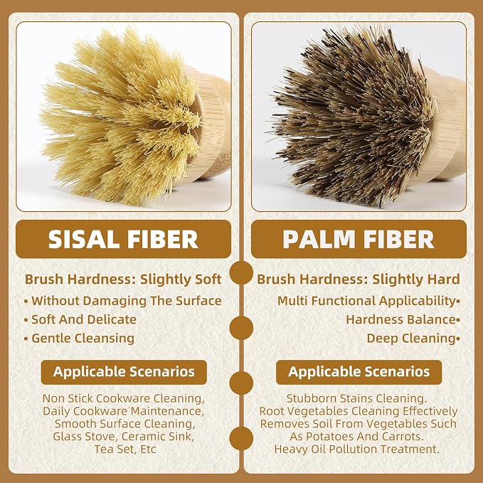 4 Pack Bamboo Dish Brush Set, Natural Palm Dish Scrubber for Pots and Vegetables, Sisal Bristle Bamboo Scrub Brush for Cleaning Dishes and Pans