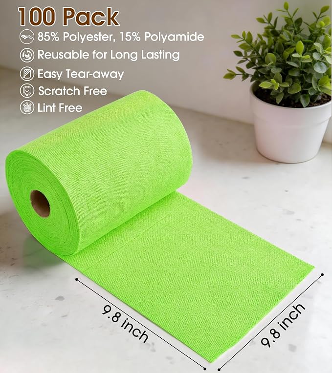 KitchLife Microfiber Cleaning Cloth Roll, 100 Pack - Tear-Away Microfiber Paper Towels, Lint-Free, Reusable, Washable for Kitchen, Car, Dishes, and Sensitive Surfaces (Neon Green)