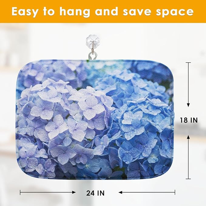 Sanwarm Absorbent Dish Drying Mat, Blue Purple Hydrangea Flower Microfiber Pad for Kitchen Counter, Coffee Bar Decor, Heat Resistant and Reversible, 18" x 24"