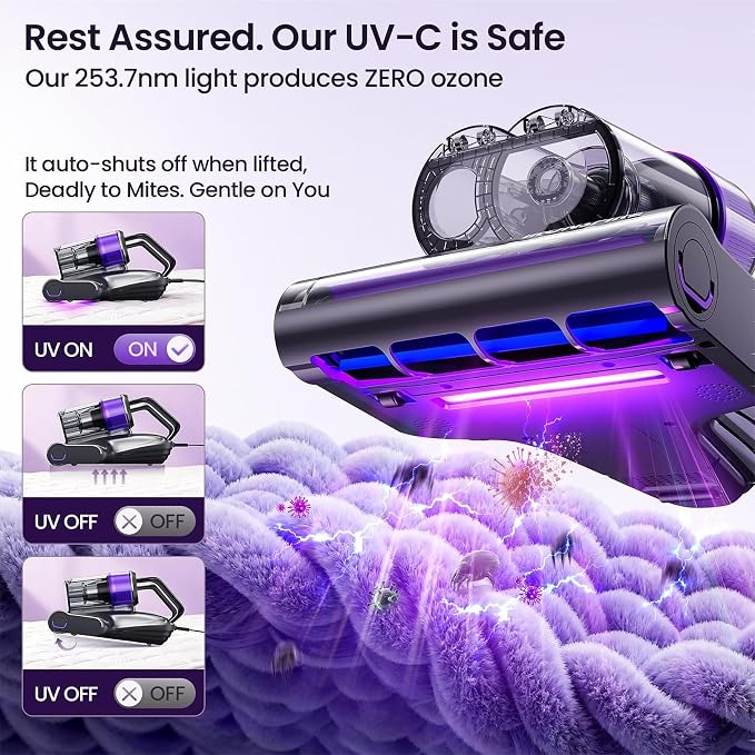 Maircle Mattress Vacuum Cleaner with UV Light, Bed Vacuum with Dust Detection, 16KPa Handheld Vacuum with LED Display, 40,000 Beats/Min Tapping, 150°F Heat, HEPA Filter for Bed, Couch