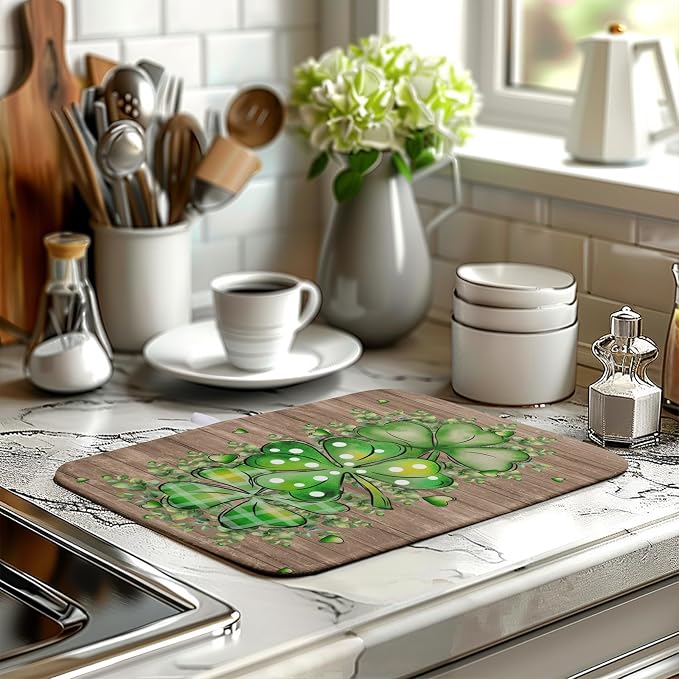 St Patricks Day Wooden Plank Shamrock Drying Mat for Kitchen Counter St Patrick Eucalyptus Leaves Clover Dish Drainer Mats Absorbent Microfiber Dishes Pad Reusable Washable Dry Mat 16x18 Inch