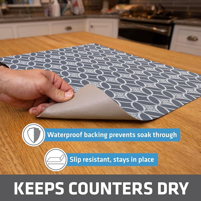 Drymate Jumbo XL Dish Drying Mat (19”x24”), Low-Profile, Super Absorbent, Quick Dry Fabric, Waterproof & Slip-Resistant, for Kitchen Counter, Trimmable, Easy to Clean (USA Made)(Indigo Grey)