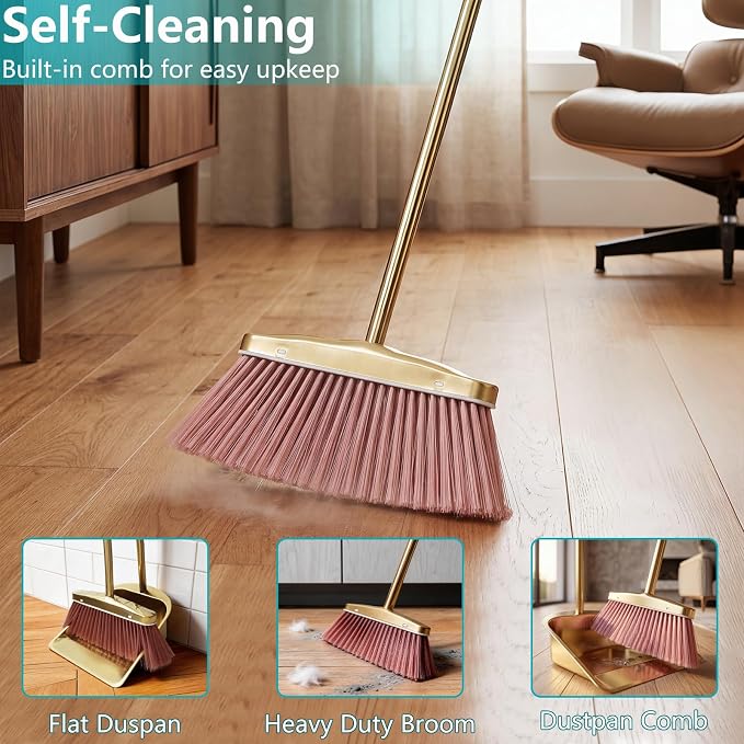 Gold Broom and Dustpan Set, Minimalist Upright Sweeper with Long Handle, Heavy Duty Stainless Steel Metal Dust Pan Combo for Home, Kitchen, Office and Indoor Outdoor Use (Gold Basic)