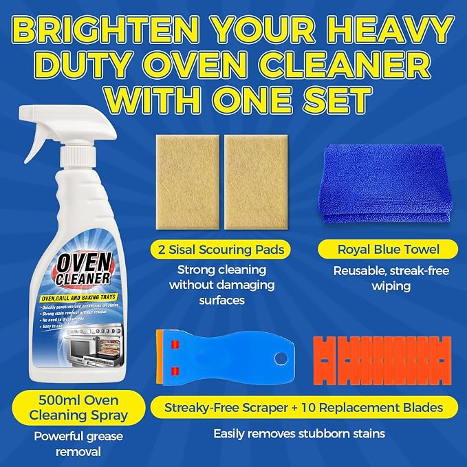 Oven Cleaner Heavy Duty 500ml, Complete Oven Cleaner Non Toxic Fume Free with Non-Scratch Scraper, Cloth, Easy Deep Clean for Racks, Grills, BBQ, Air Fryers, Kitchens, Outdoor and Vehicles