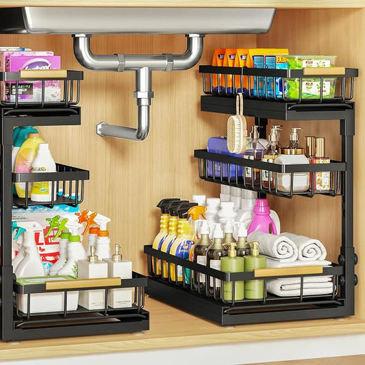 Under Sink Organizer and Storage for Bathroom and Kitchen - 2 Pack 3 Tier Under Cabinet Pull Out Shelf Organizers - Slide Out Drawer Organization for Home Cabinets Shelves and Drawers