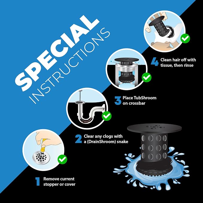 TubShroom Bathtub Drain Hair Catcher – in-Drain Tub Strainer & Clog Prevention Protector, Fits Standard 1.4”–1.75” Tub Drains, Easy Clean, Captures Human & Pet Hair Out of Sight (Matte Black)