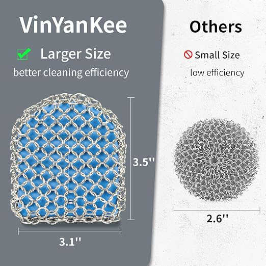 Cast Iron Scrubber with Pan Scraper, 316 Chainmail Scrubber, Upgraded Chain Mail Scrubber Sponge, Cast Iron Cleaner for Grill Pan Skillet Wok Carbon Steel, Dutch Oven Metal Brush Cleaning Kit, Blue