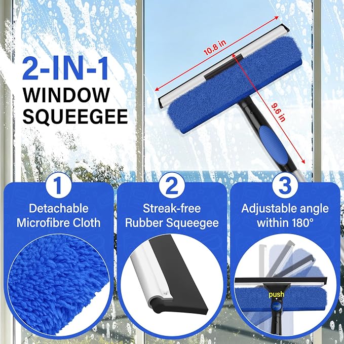 26FT High Window Washing Kit with Extension Pole | 2 in 1 Window Cleaning Squeegee Kit,Cobweb Duster with 5-20FT Telescoping Pole,High Reach Duster Kit for Outdoor, Indoor