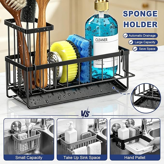 Sponge Holder for Kitchen Sink, Kitchen Sink Caddy, Kitchen Sink Sponge Holder, Dish Sponge Holder, Kitchen Sink Organizer for Sponge, Dish Brush, Scrubber(9.65" x 3.74" x 6.3", Black)