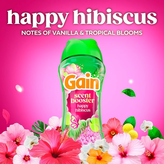 Gain In-Wash Laundry Scent Booster Beads Long-Lasting Fresh Scent Beads All Day Freshness and Odor Protection, Happy Hibiscus Scent, 24 oz (Packaging May Vary)