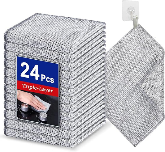Wangjinpeng 24 Pcs New Upgrade 3-Layer Metal Dish Cloths, Non-Scratch Odor-Free Multipurpose Wire Dishwashing Rags for Wet Dry Use, Kitchen Cleaning Cloths for Dishes, Sinks & Stove Tops(7.87X7.87)