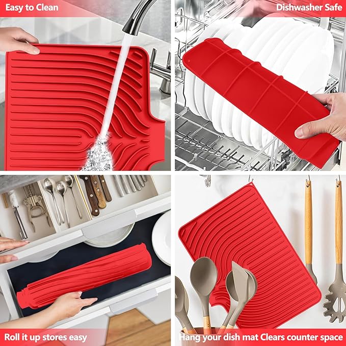 Dish Drying Mat for Kitchen Counter, with Built-in Drain Lip, Food-Grade Silicone, Easy Clean Pad for Countertop Protection, Multi-Functional Use (18x11.8, Red)