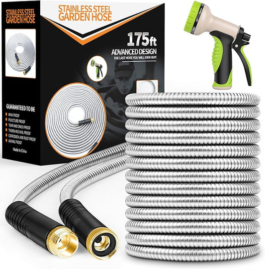 Unywarse Garden Hose 175ft, Stainless Steel Heavy Duty Water Hose with 10 Function Nozzle Flexible, Lightweight, No-Kink, Pet Proof, Puncture Proof Metal Hose for Yard, Outdoor